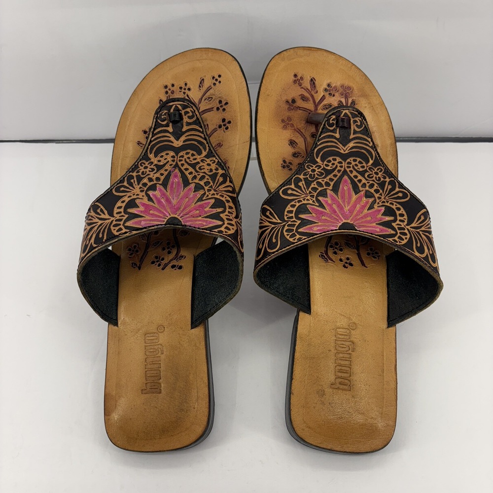 Bongo Hand‎ Tooled Leather Summer Flip Sandals Hand Painted Women's 8